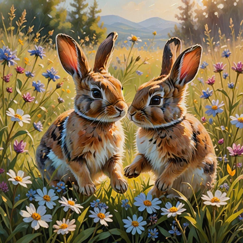 Baby Bunnies in Wildflowers: An Impressionist Oil Painting