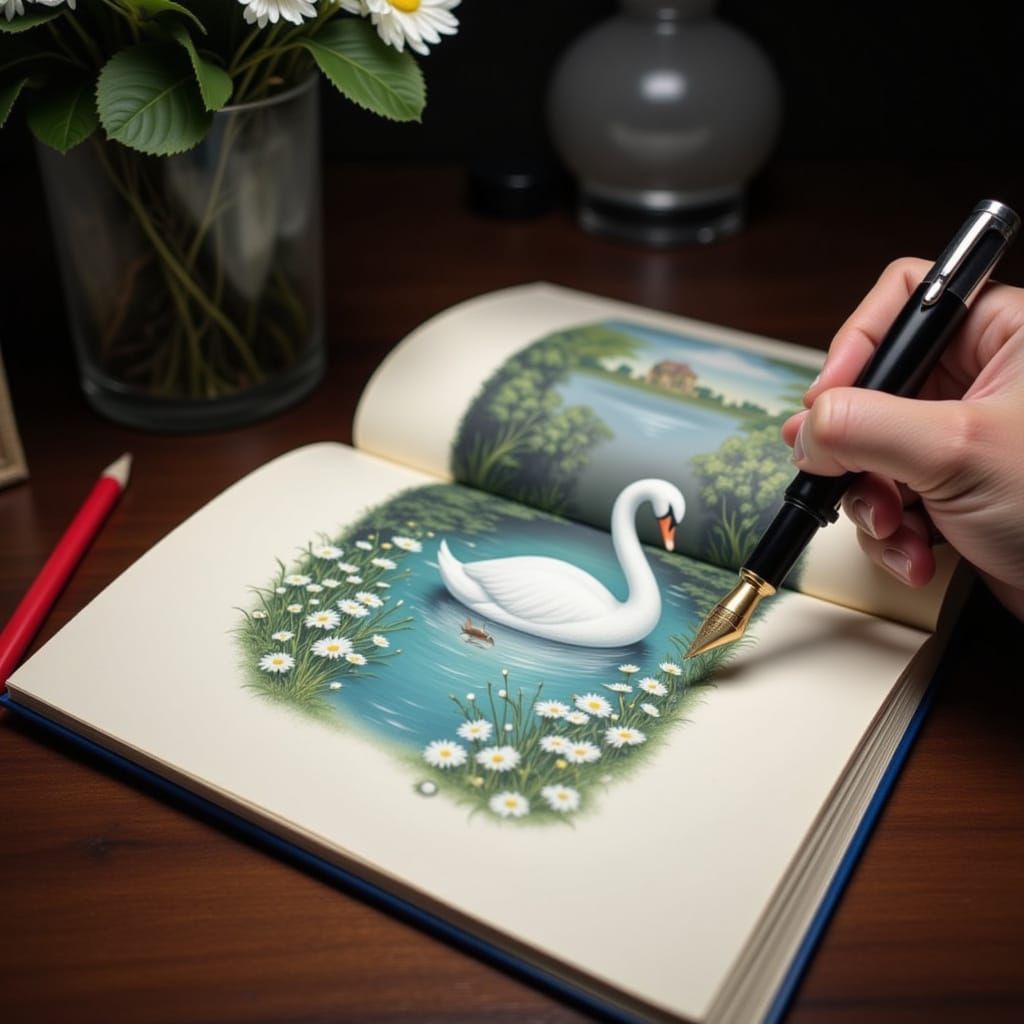 Fountain Pen Writing with Swan Painting