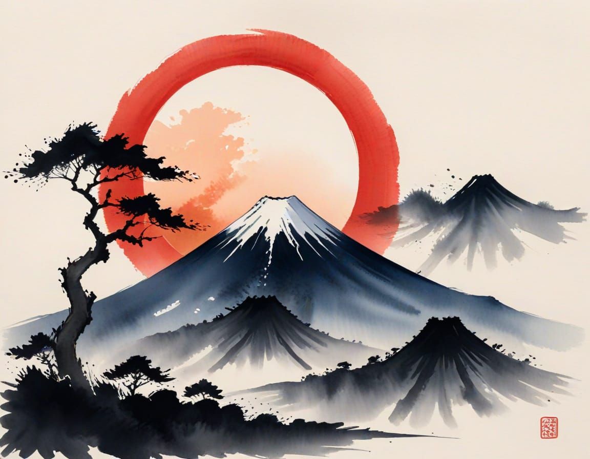 Minimalist Sumi-e: Mount Fuji with Rising Sun