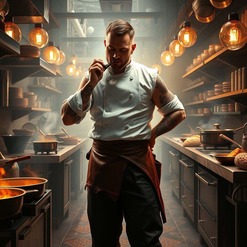 Unruly Chef in a Whimsical Kitchen Scene