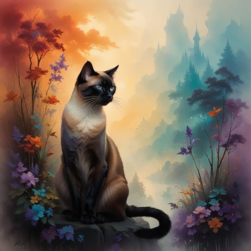 Whimsical Siamese Cat in Mystical Fog