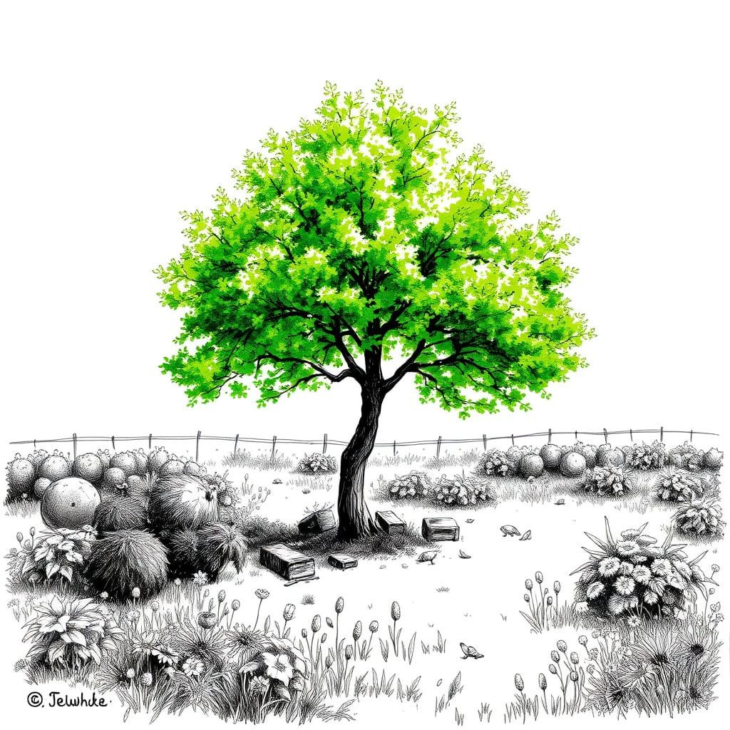 Serene Black and White Garden Scene with Lone Tree