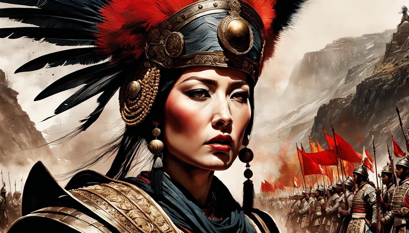 Empress Leads Army: Hyperrealistic Watercolour Landscape