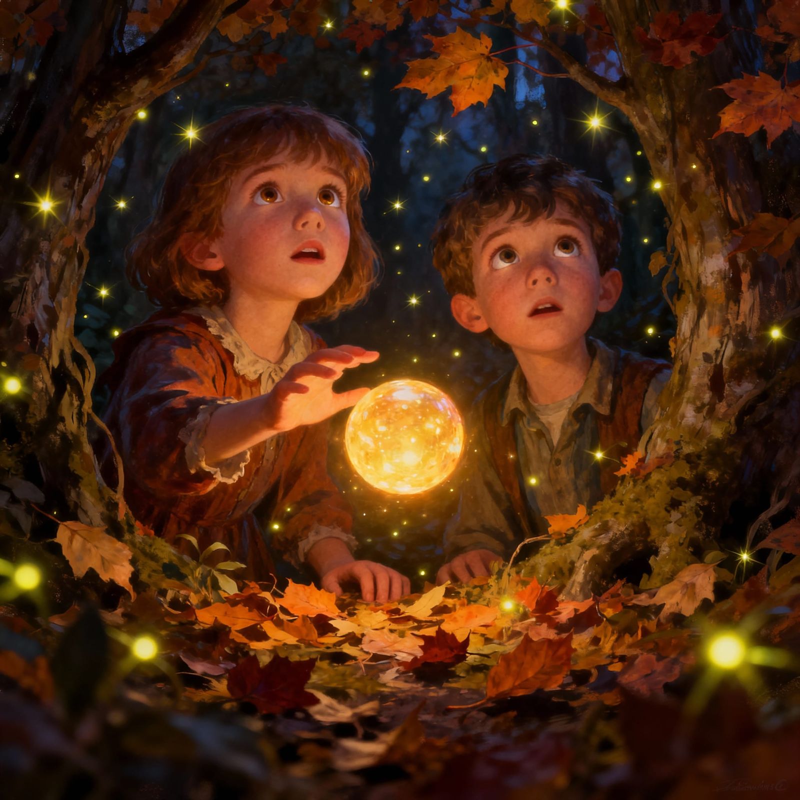 Children Discover Magical Firefly Grove in Autumn Forest