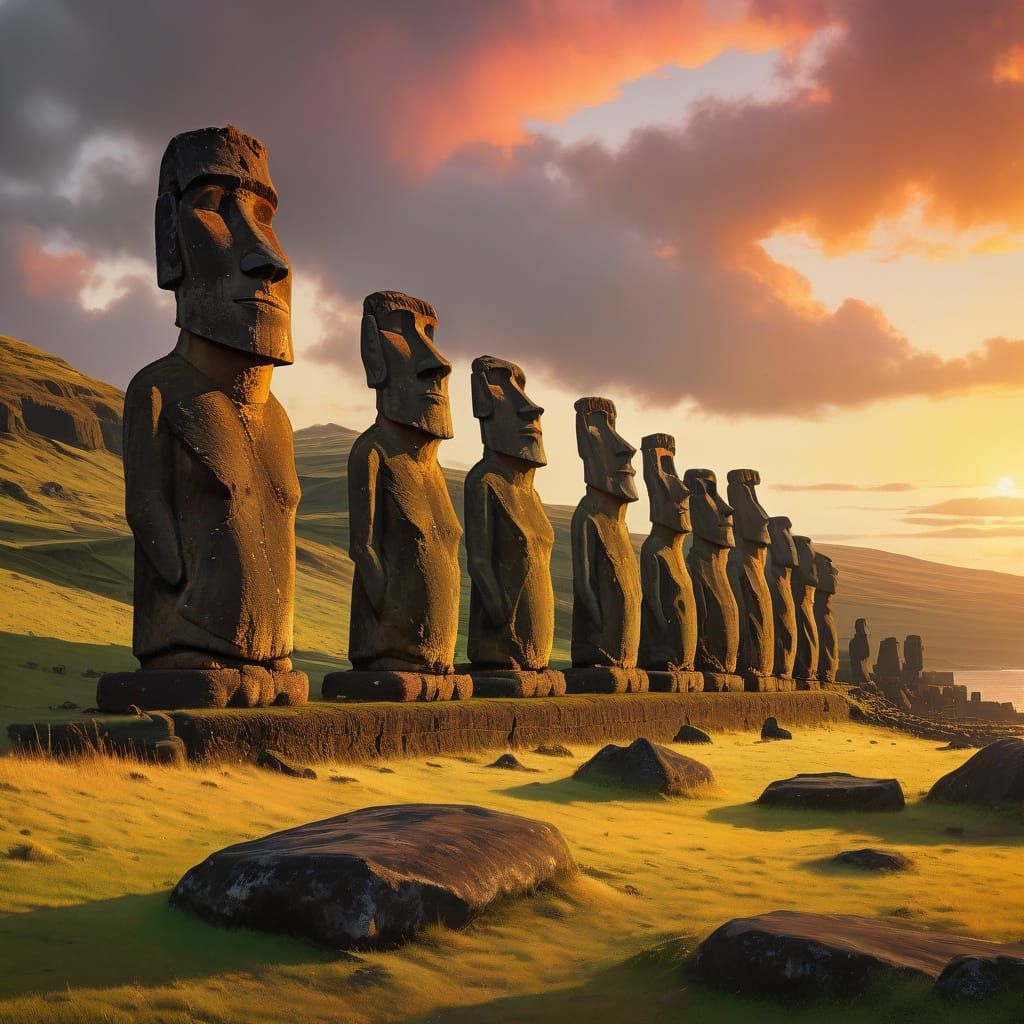 Easter Island Sunset with Moai Statues in Impressionist Styl...