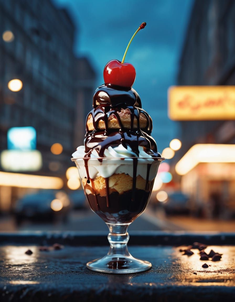 Delicious Sundae with Chocolate Sauce and Cherry