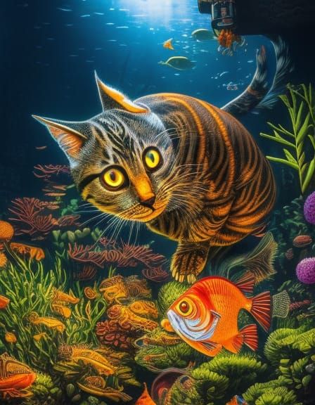 Detailed Cat Fishing in Goldfish Tank