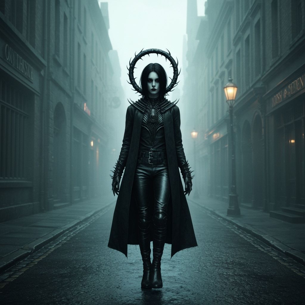 Gothic Teen in Fog-Shrouded Streets: Biomechanical Style