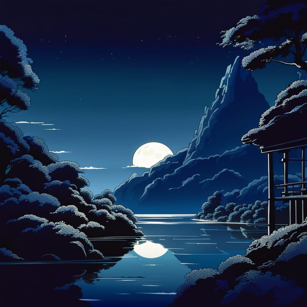 Moonlit Ghibli Scene in Retro Animated Style