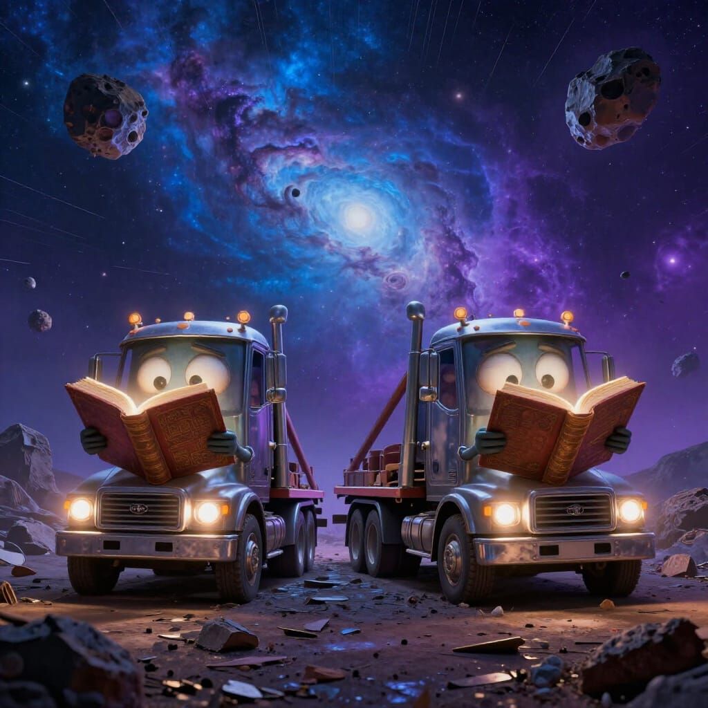 Anthropomorphic Tow Trucks Read Ancient Books on Meteoroid
