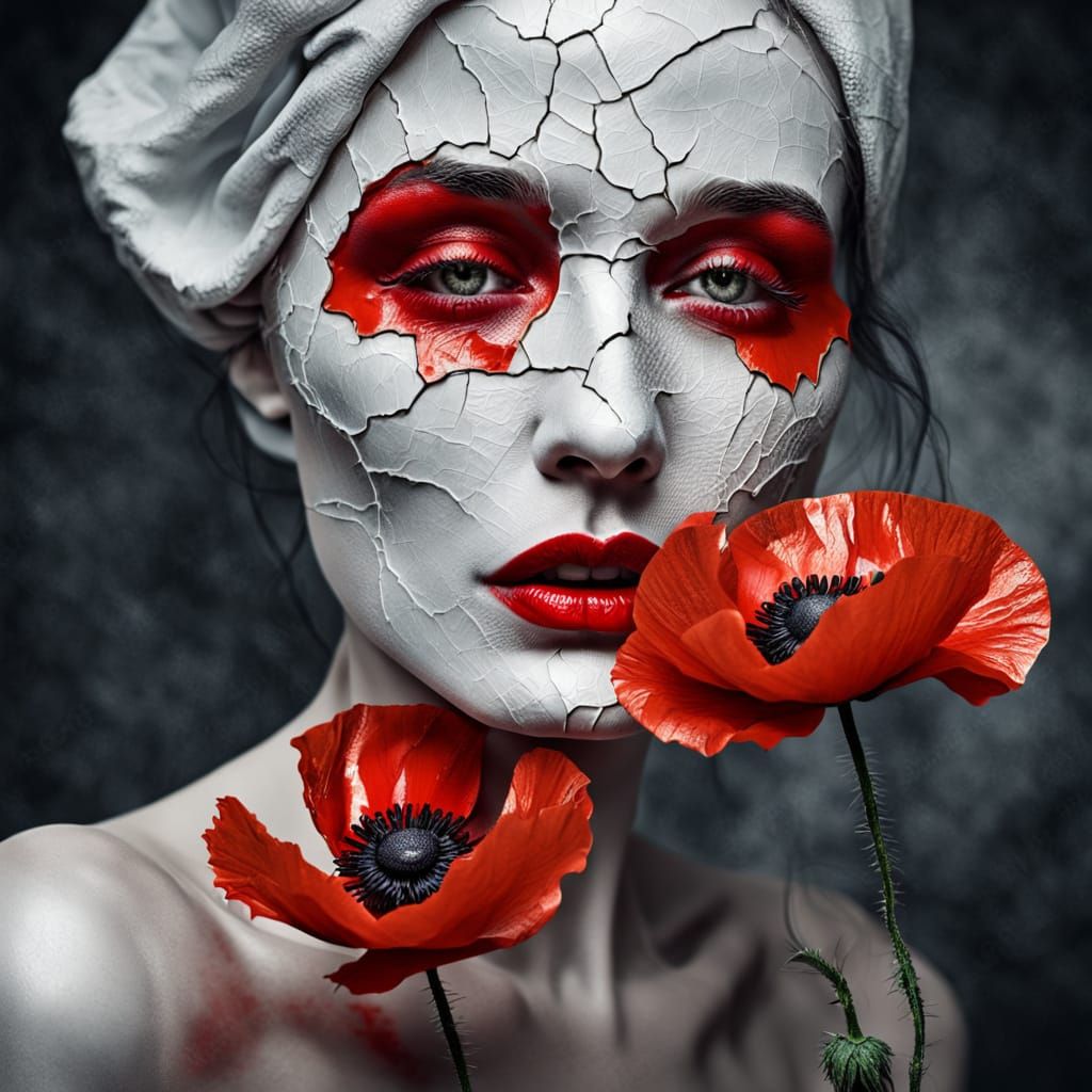 Surreal Woman with Poppy in High-Contrast Digital Art