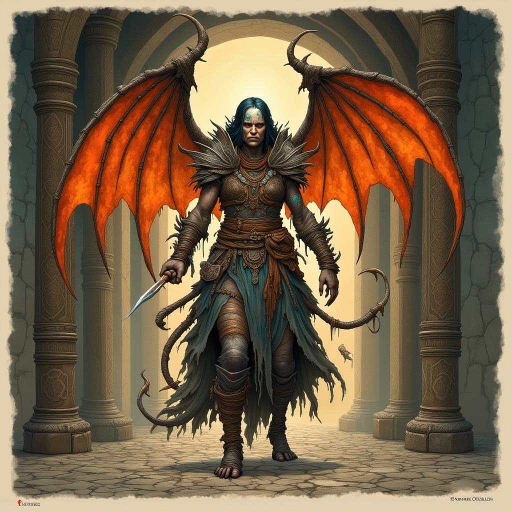 Dragon Sorceress Priestess Leaping from Shadowy Passage