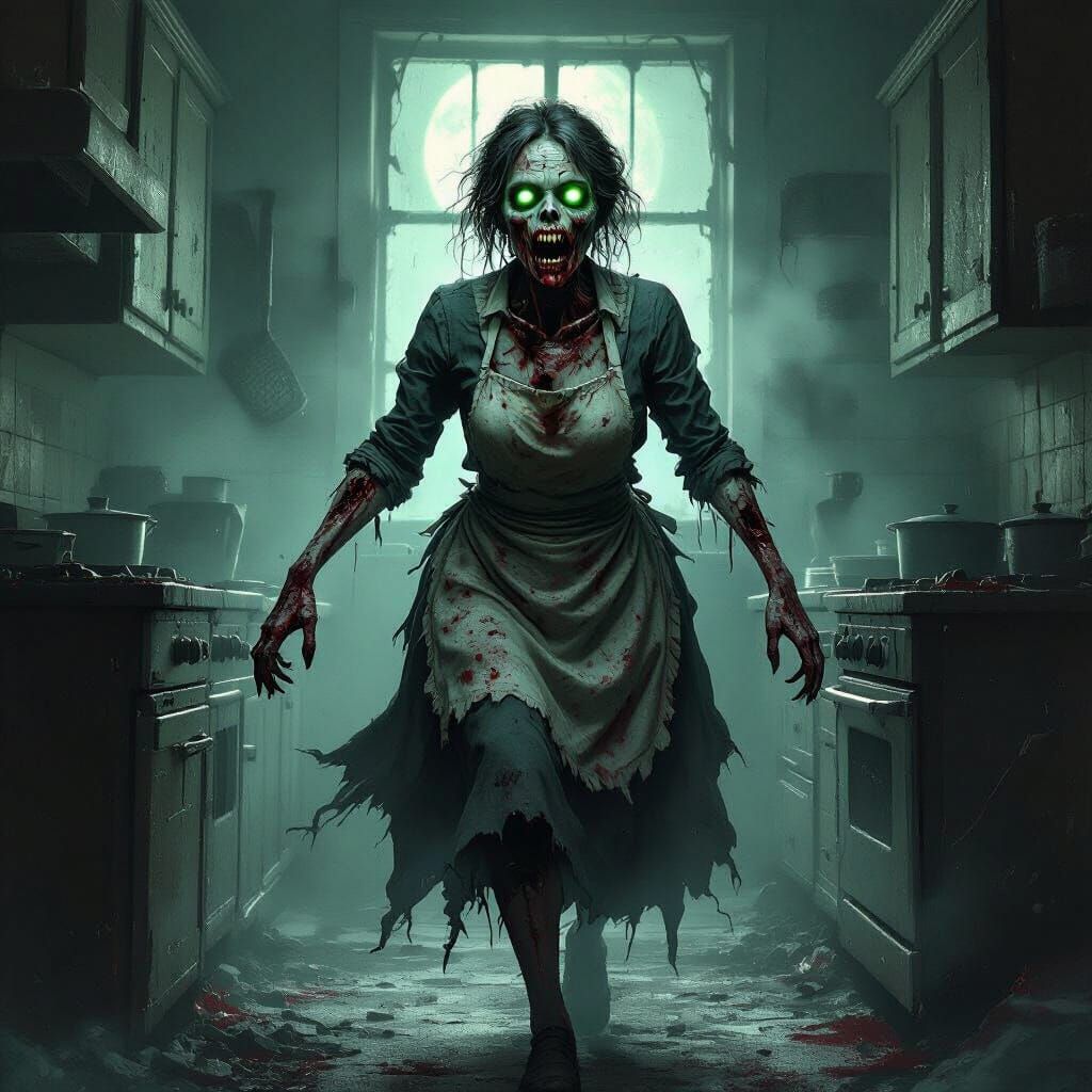 Terrifying Zombie Hausfrau in Gothic Horror Kitchen