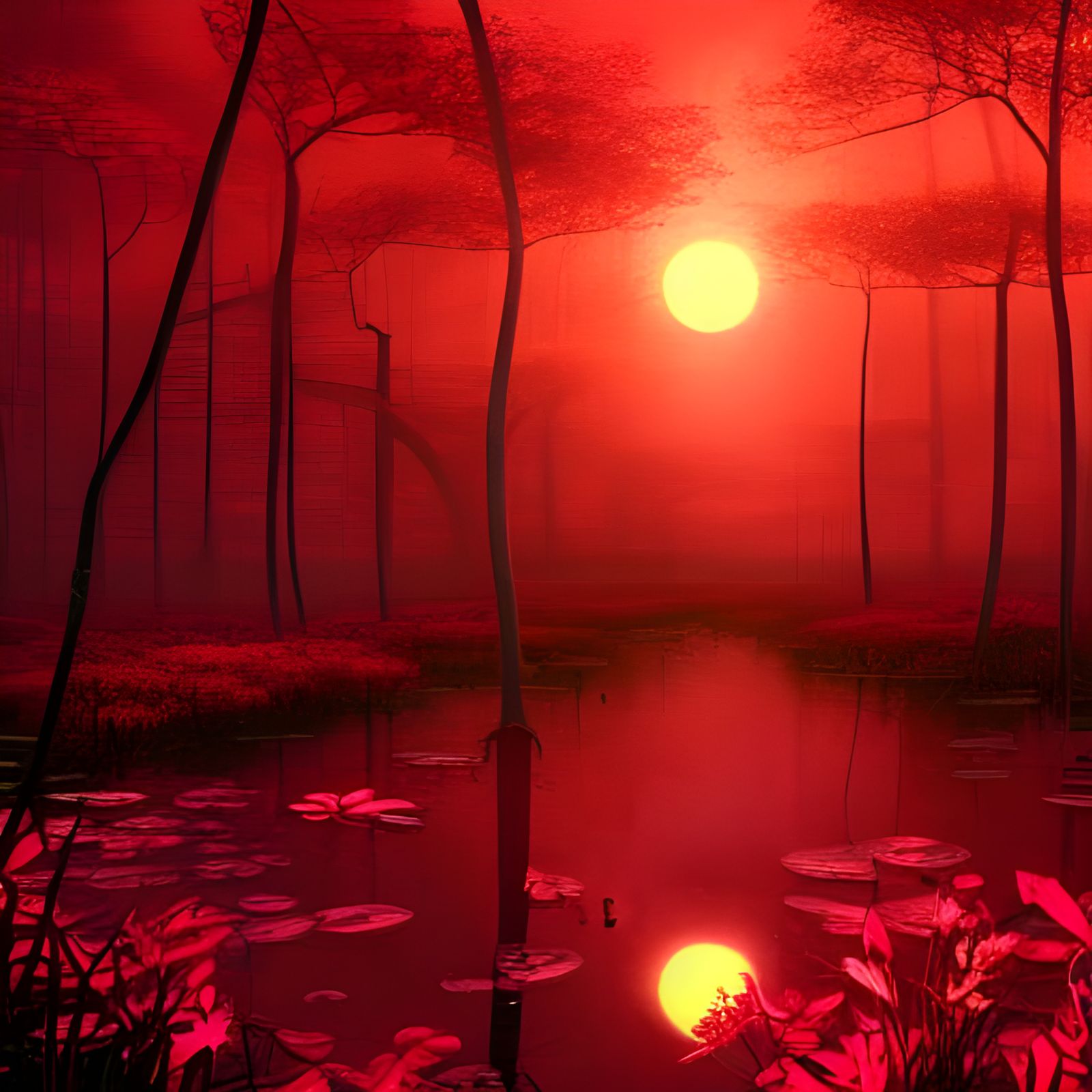 Glowing Adansonias in Overgrown Swamp at Sunset