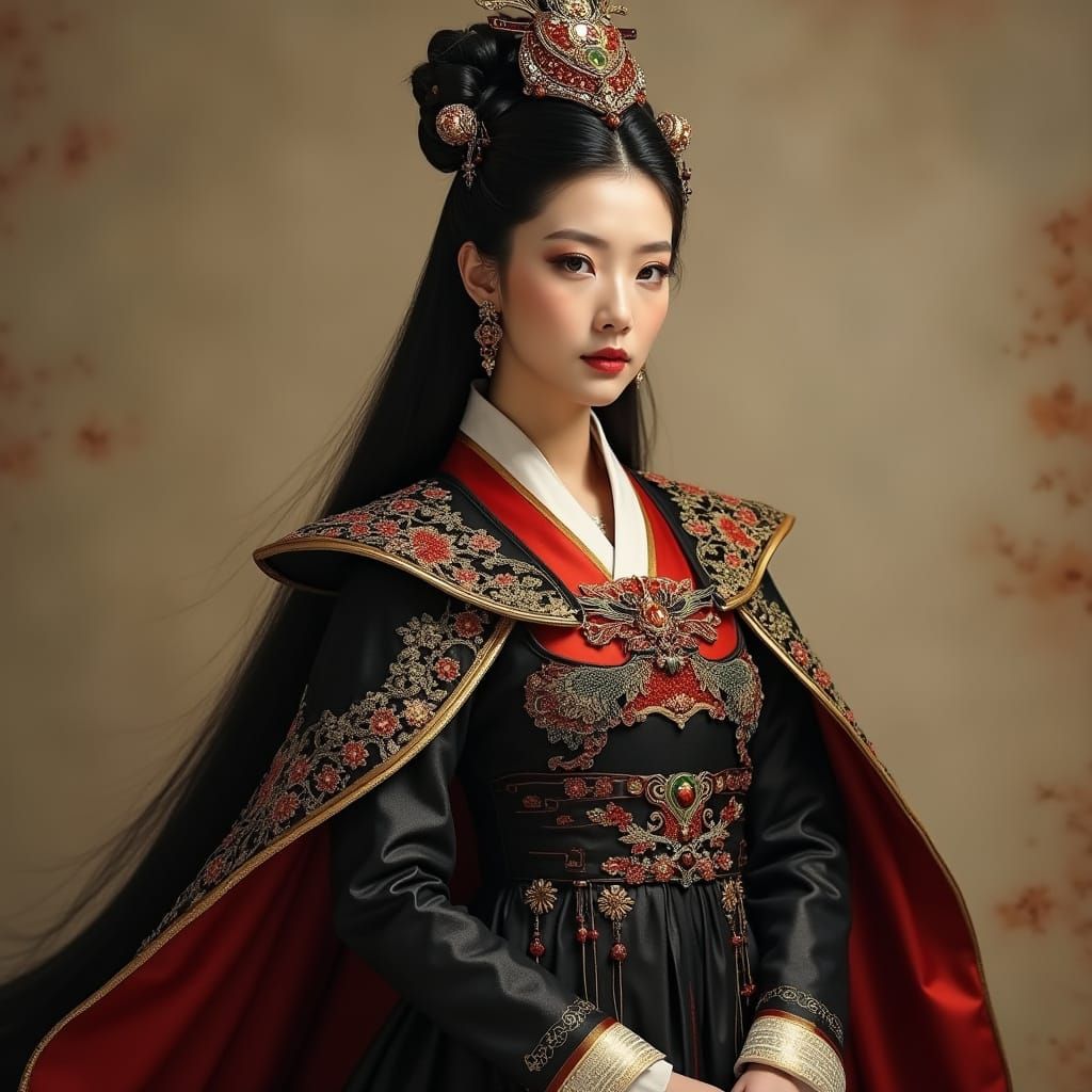 Regal Korean Fantasy Princess in Black and Gold Hanbok