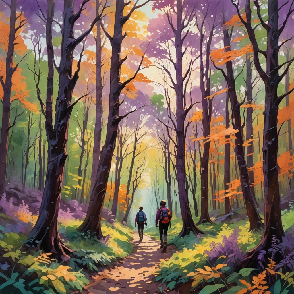 Ethereal Hiker in Abstract Expressionist Landscape