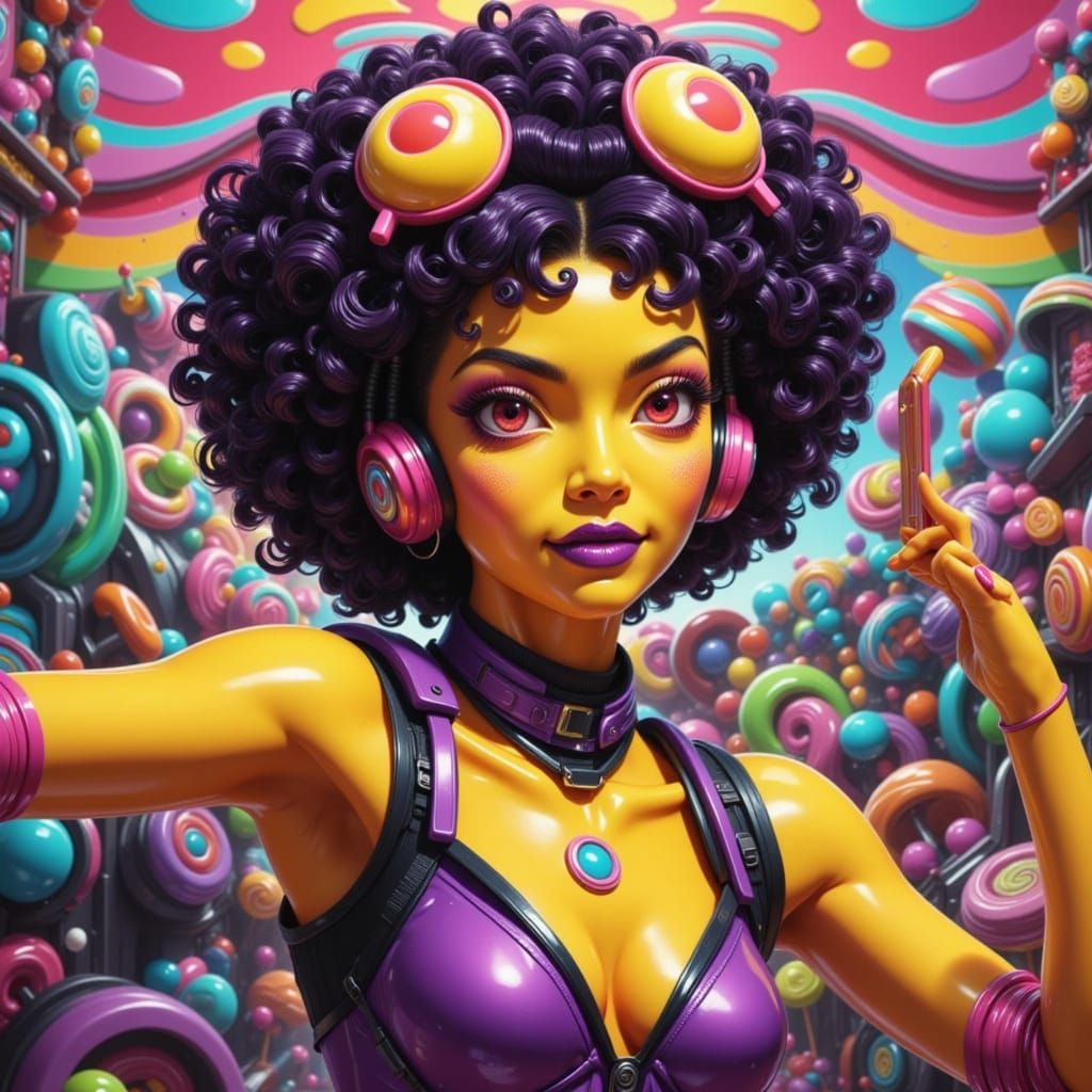 Confident Pop Star in Radiant Cyberpunk Attire