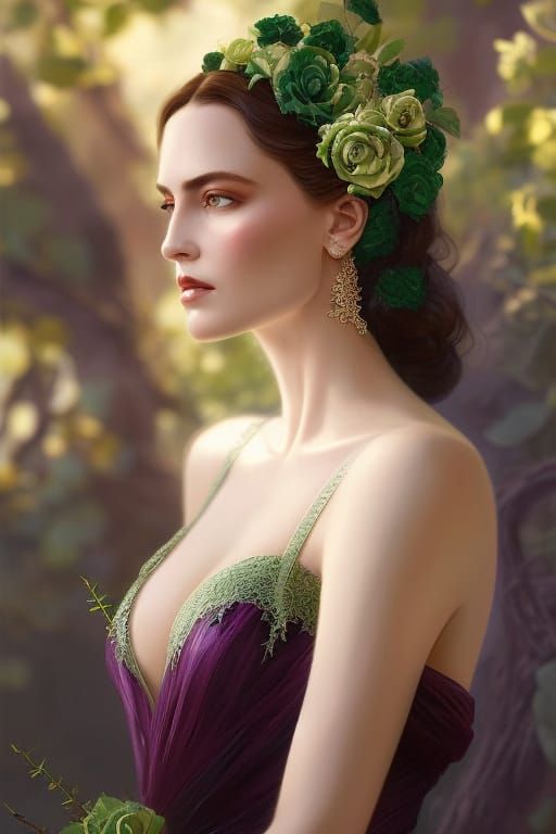 Woman in Green Lace Gown with Roses