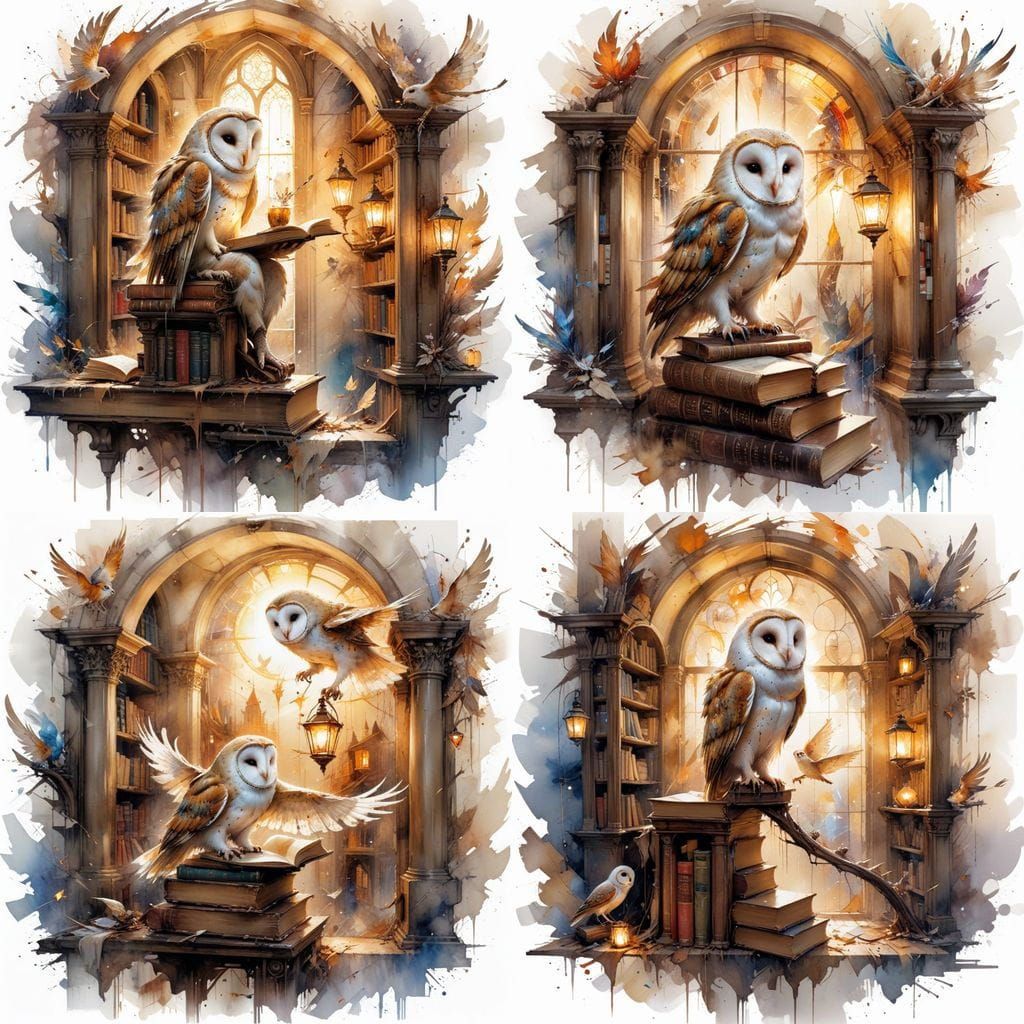 Owl Librarian in Magical Library: Watercolour Art