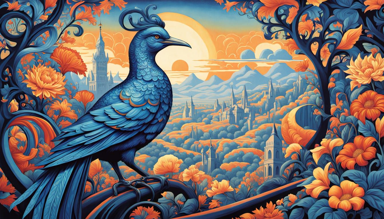 Surreal Whimsy in Delft Blue: Jester and Laughing Bird in Ps...