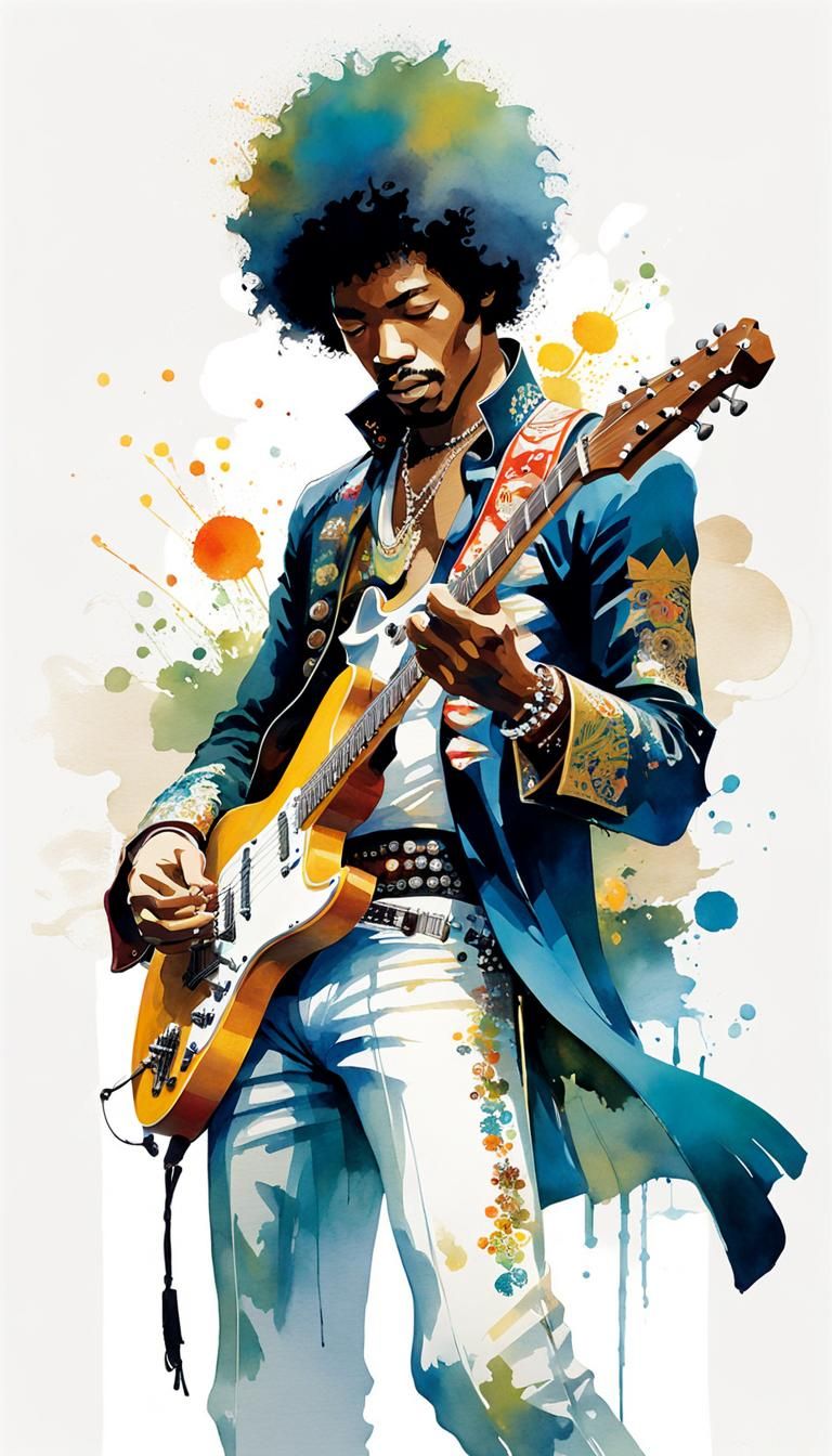 Psychedelic Jimi Hendrix Watercolor Manga Portrait