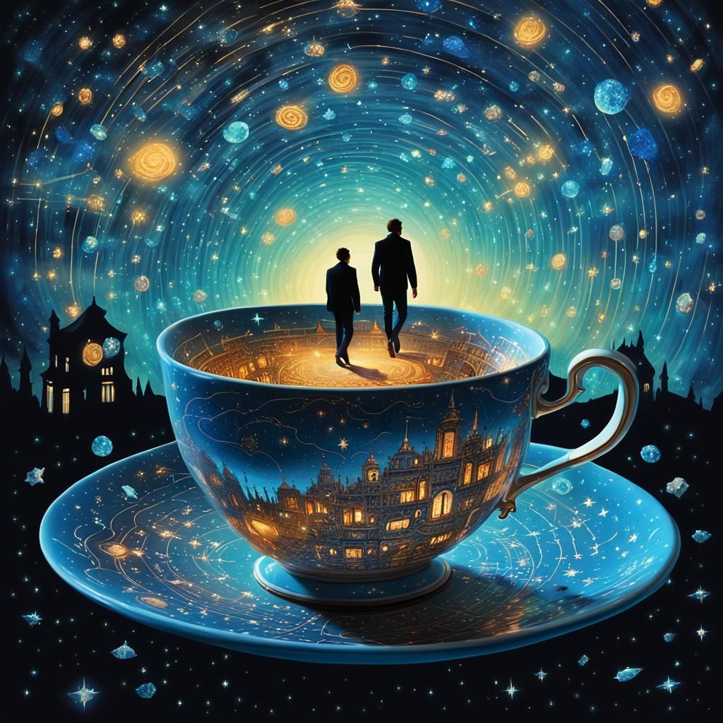 Man Enters Christmas Teacup Portal in Surrealism