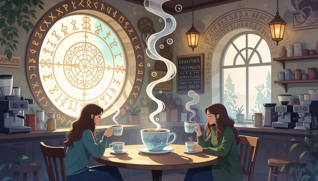 Mystical Cafe with Levitating Mugs and Magical Light