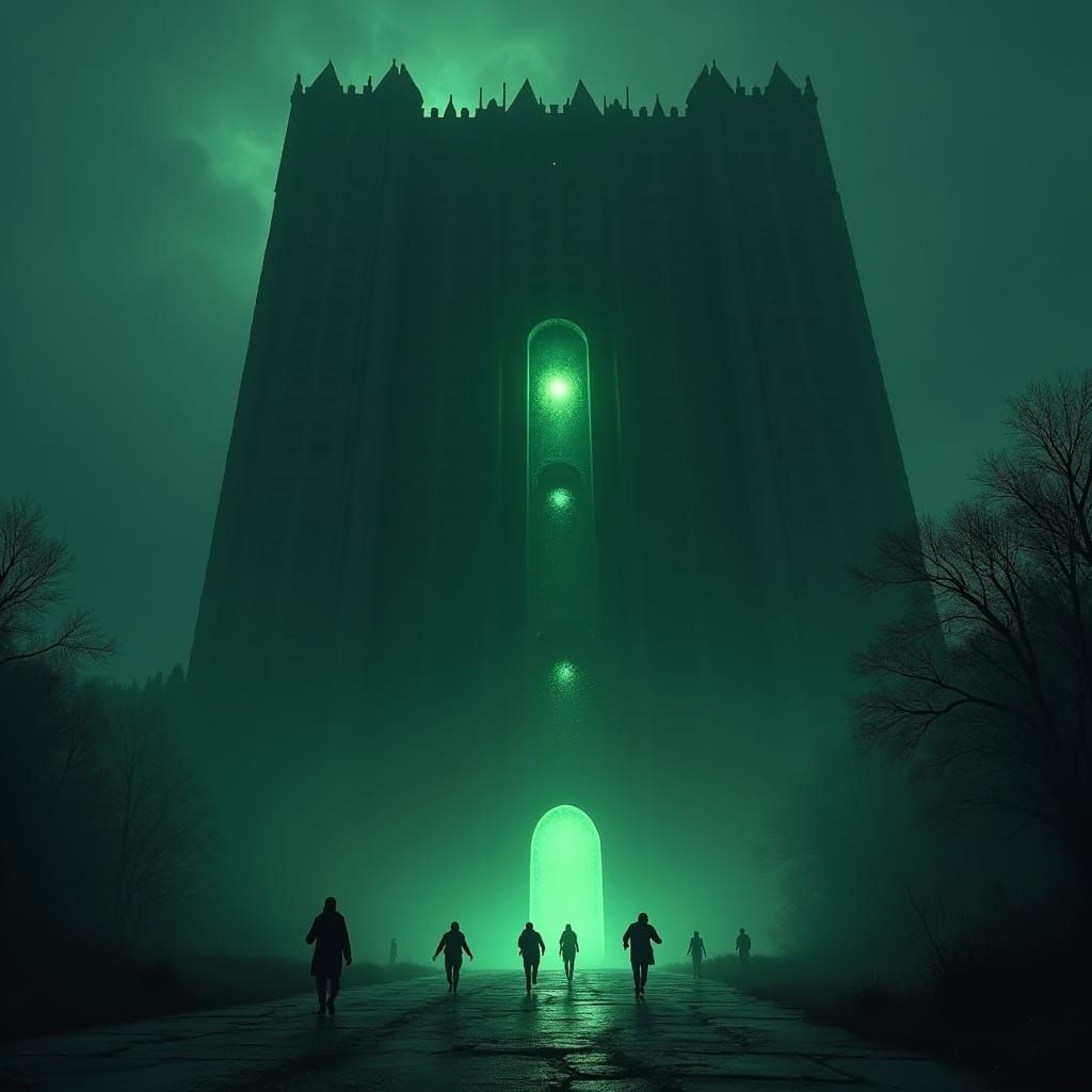 Haunted Concrete Building with Glowing Emerald Eyes