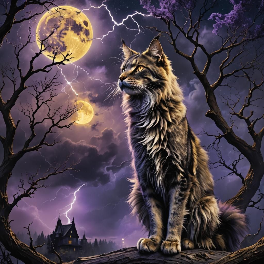 Maine Coon Howling at Moon in Electric Storm