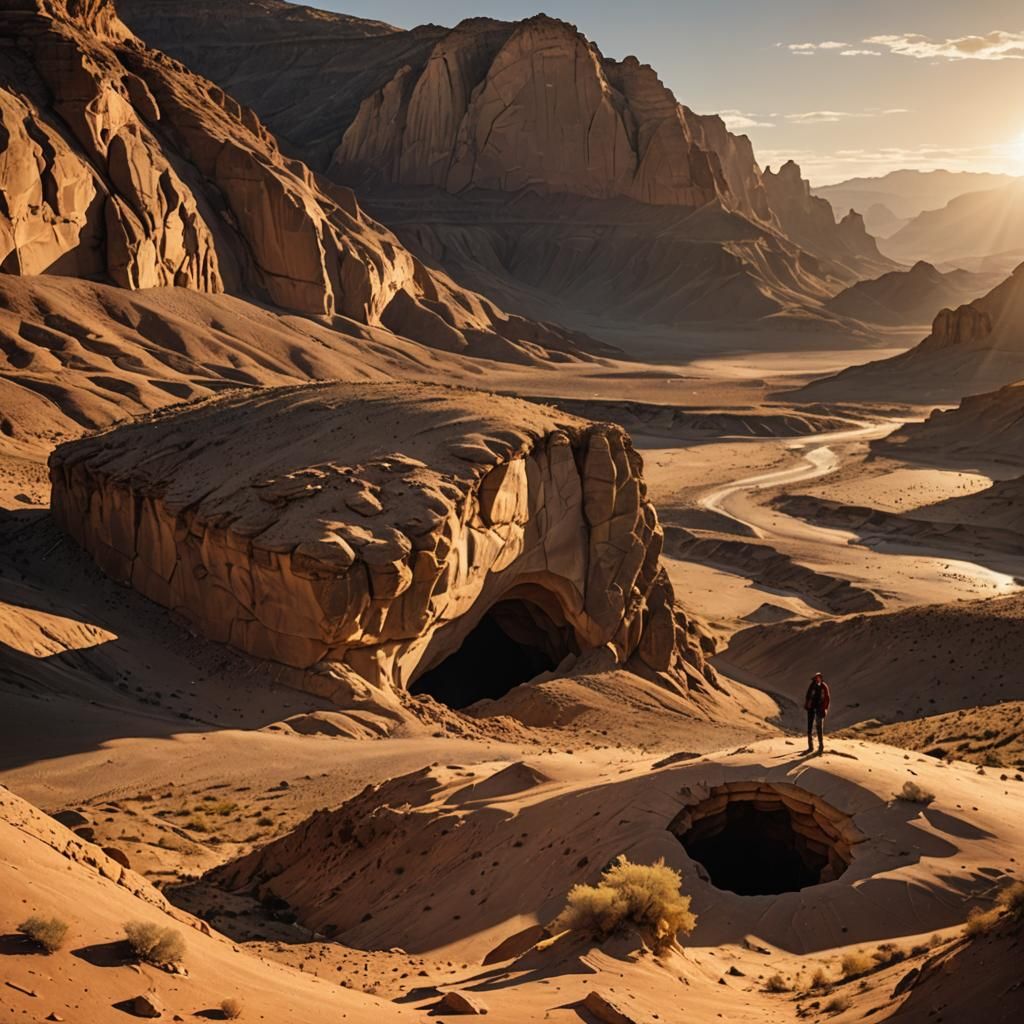 Arid Canyon Landscape with Lone Figure, Wide-Angle Shot