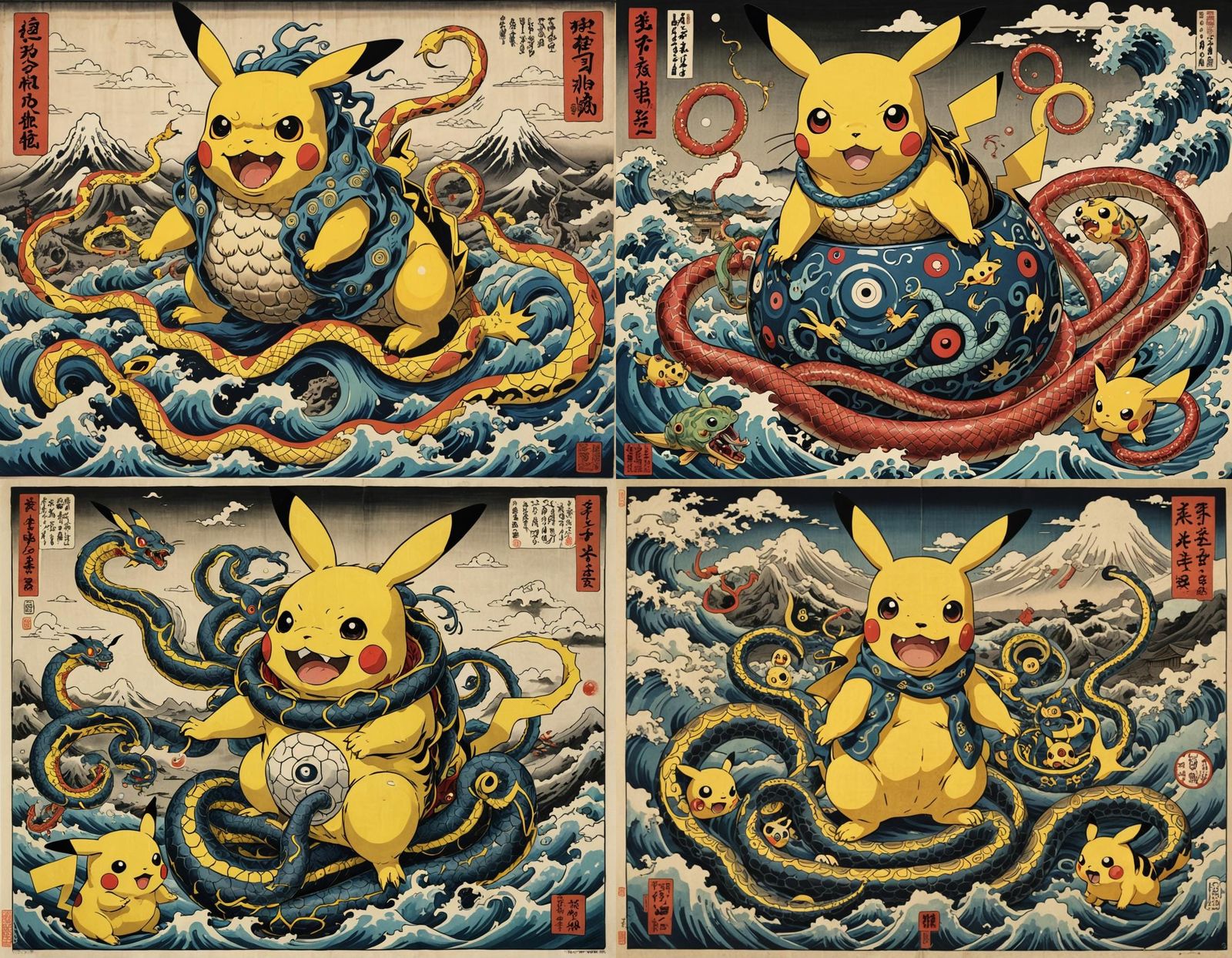 Mythical Pikachu Serpent Hybrid in Ukiyo-e Style