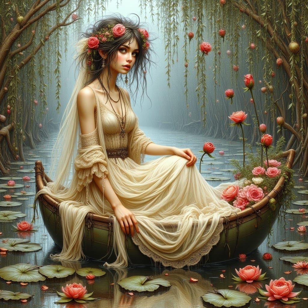 Melancholic Bride in Swan Boat, Ethereal Art