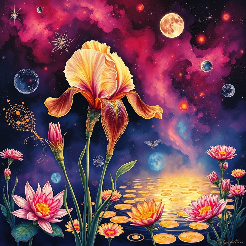 Ethereal Dark Fantasy Scene with Golden Motifs and Cosmic Ba...