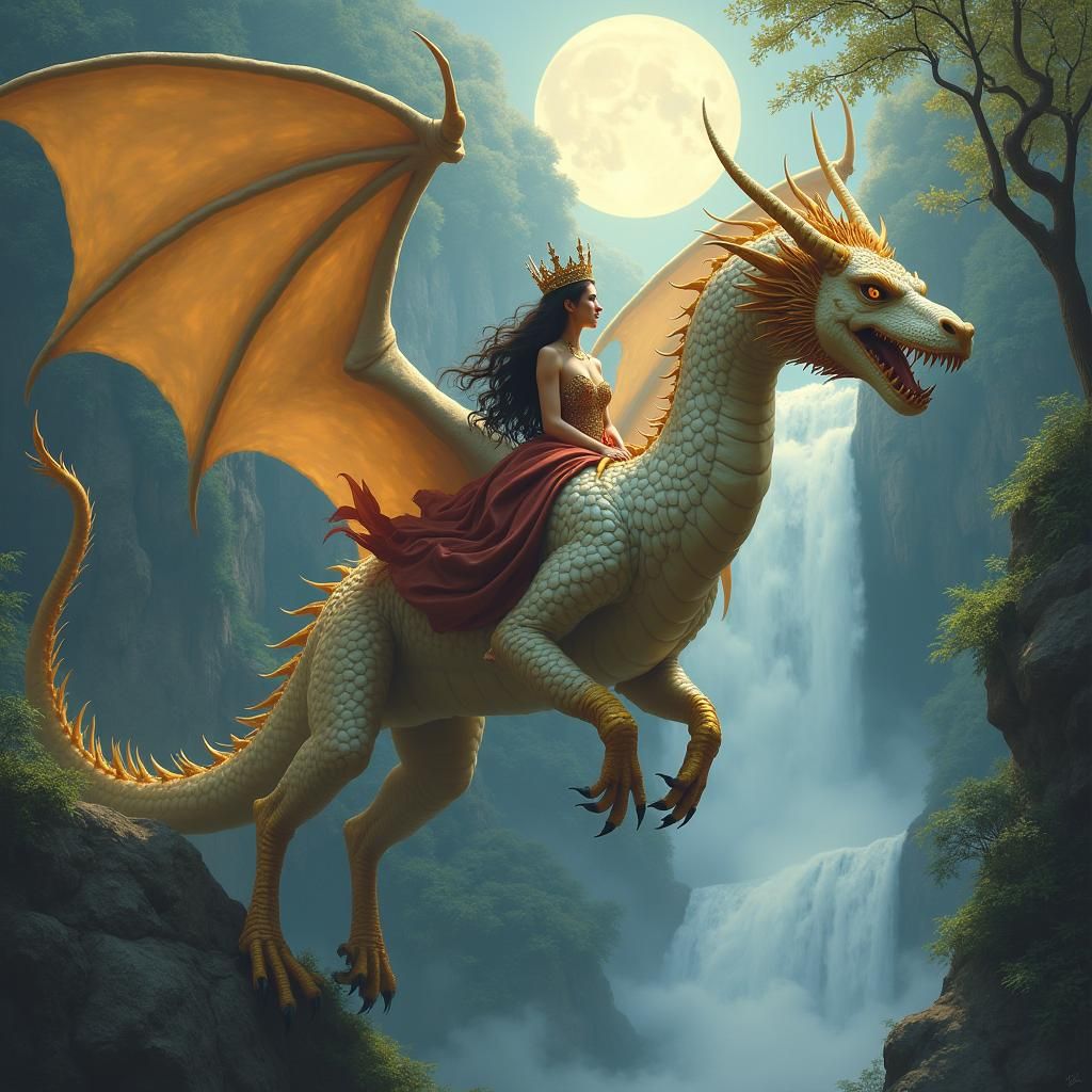 Queen Rides Dragon Over Waterfall in Dreamy Style