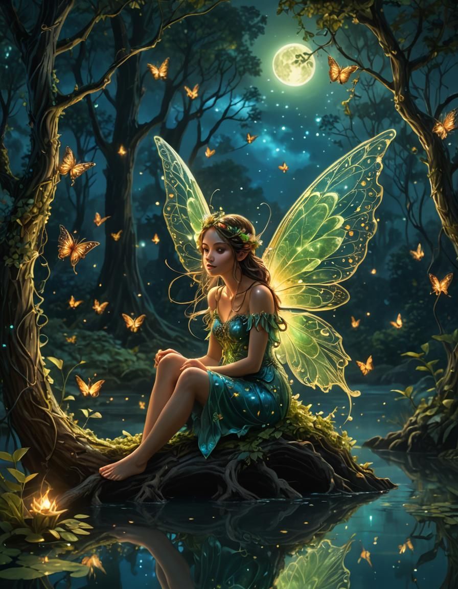 Fairy with Glowing Wings in Moonlit Forest