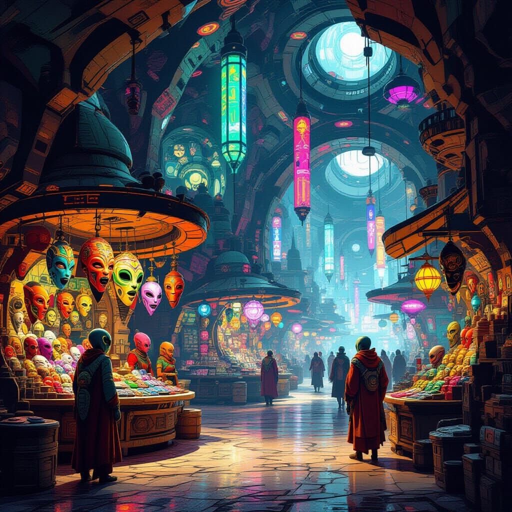 Alien Marketplace With Exotic Goods And Retro-Futuristic Sty...