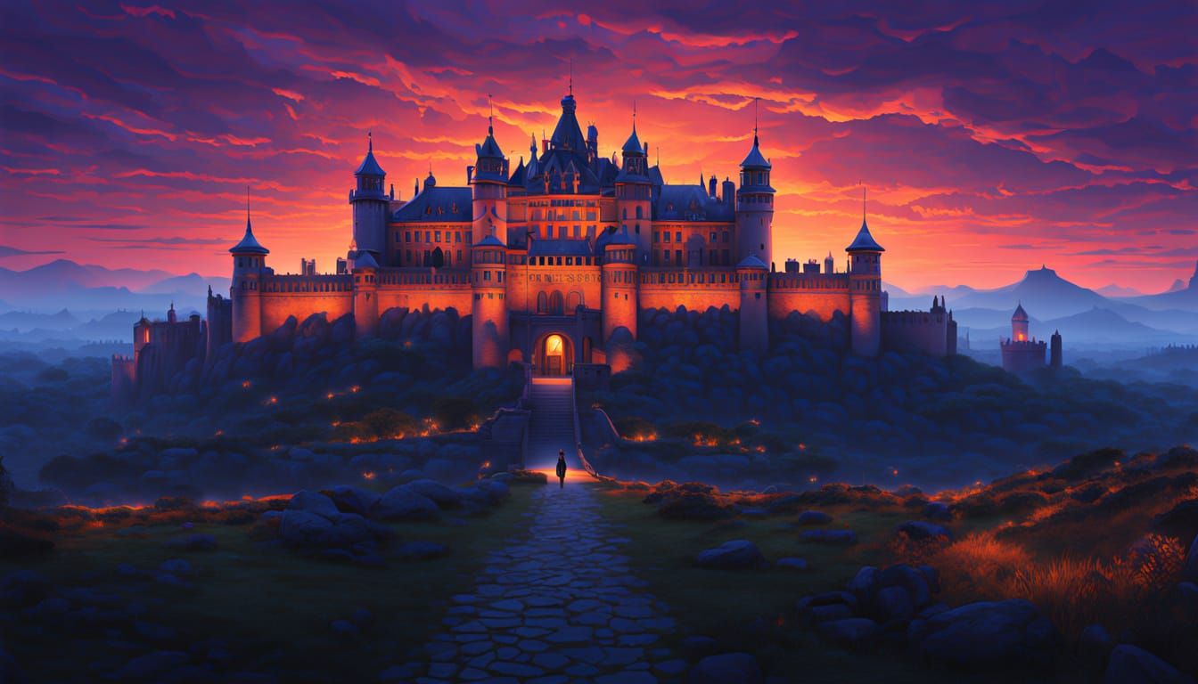 Lone Warrior Walks Away from Glowing Palace