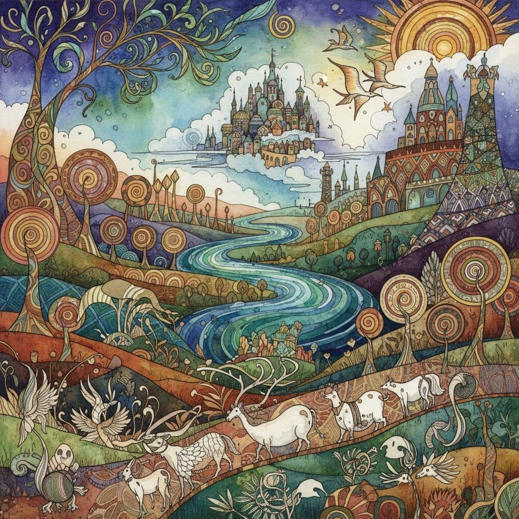 Fantastic Inlay Landscape in Watercolor and Ink