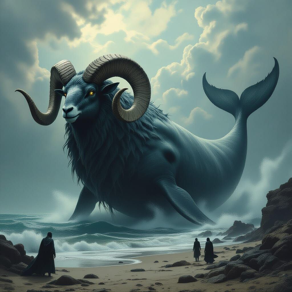 Colossal Ram-Whale Hybrid in Dark Fantasy Art