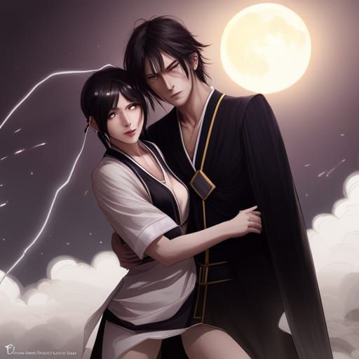 Lightning-Clad Figures with Moon and Butterfly