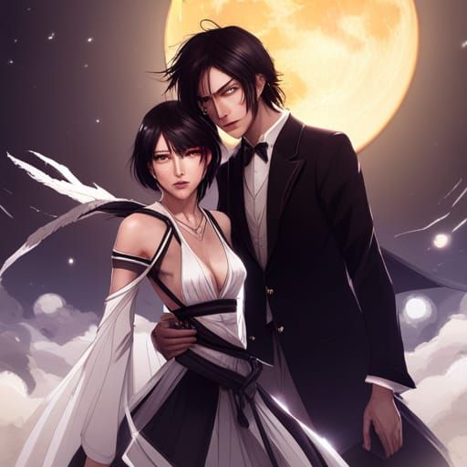 Lightning-Clad Figures Under Moonlight: Digital Art Portrait