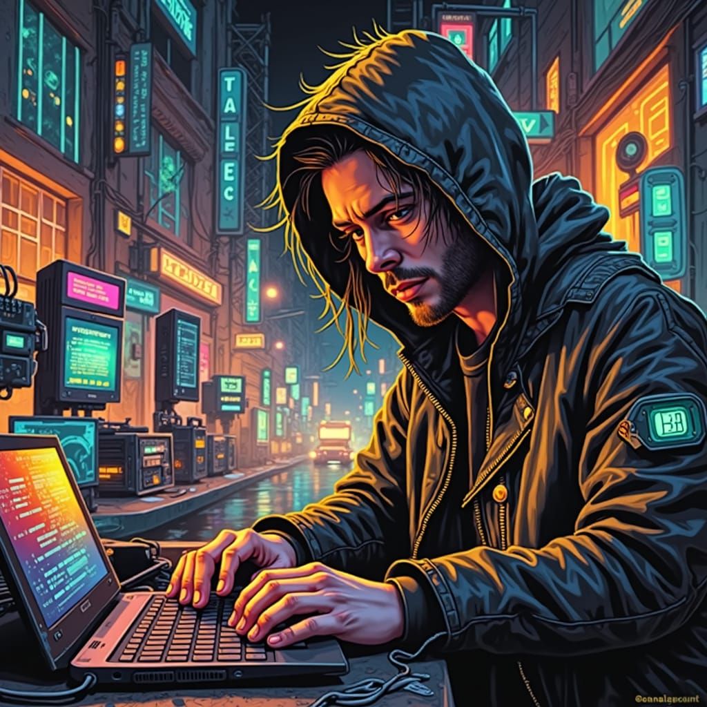 Cyberpunk Hacker in Pointillism Style