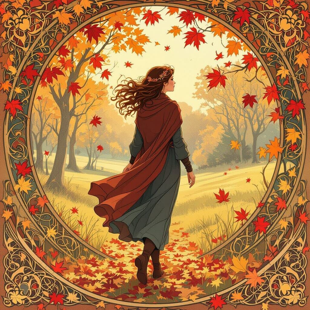 Woman in Autumn Leaves in Art Nouveau Style
