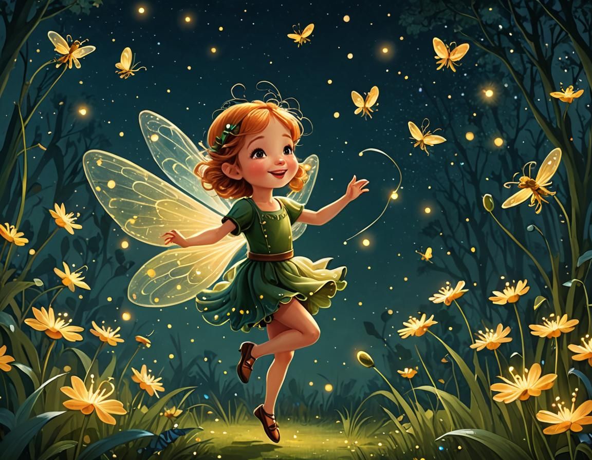 Whimsical Fairy Dance with Fireflies Illustration