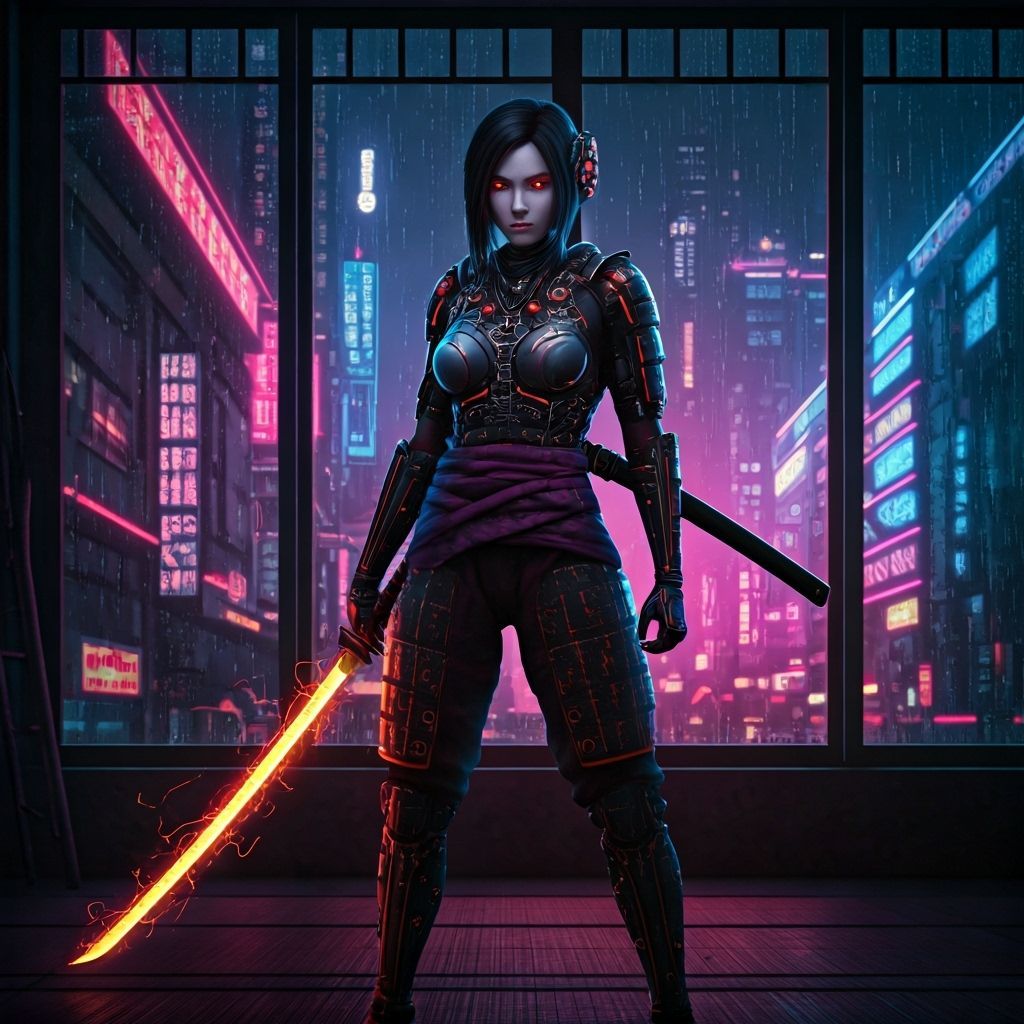 Cyborg Samurai in Neon Dojo: Hyperrealistic Cyberpunk