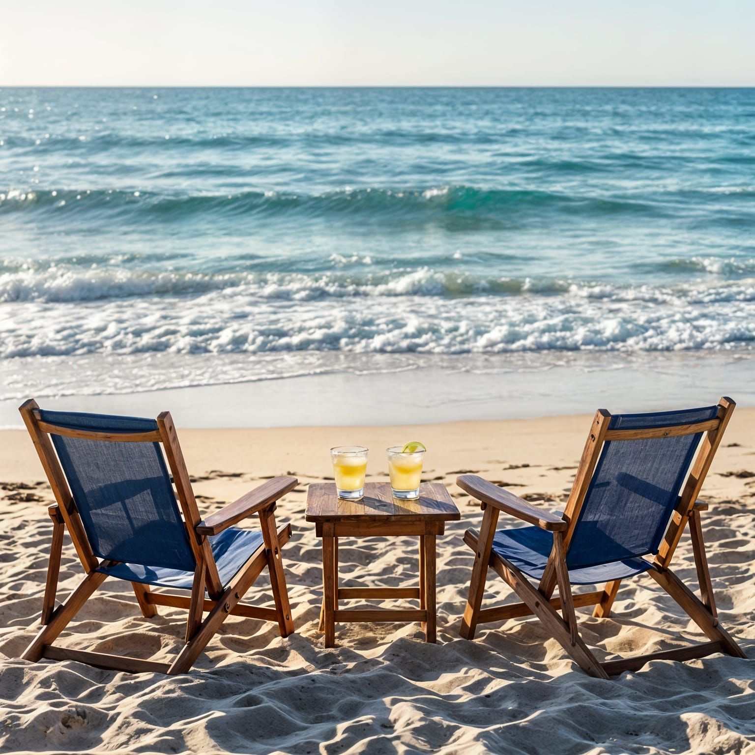 Serene Beach Scene with Blue Waves and Margaritas
