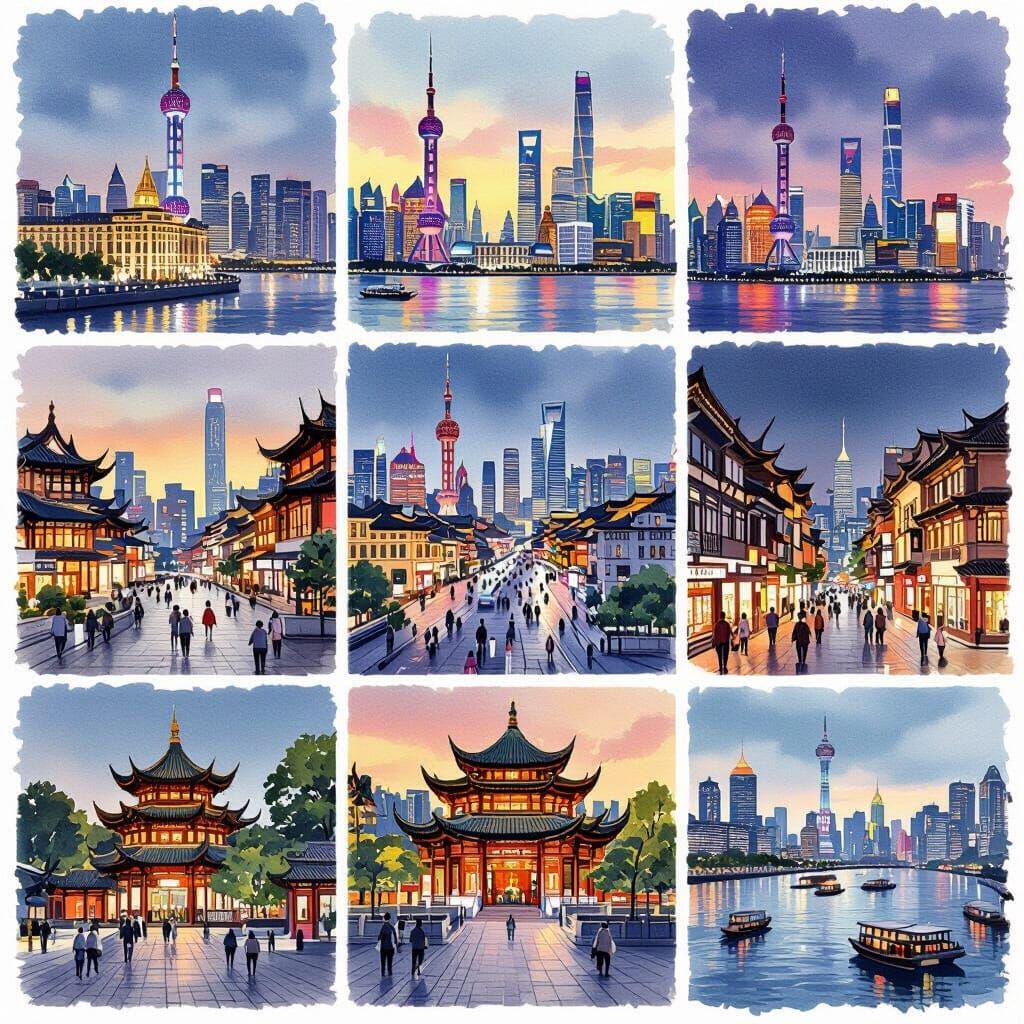 Shanghai Scenic Views in Watercolor Collage