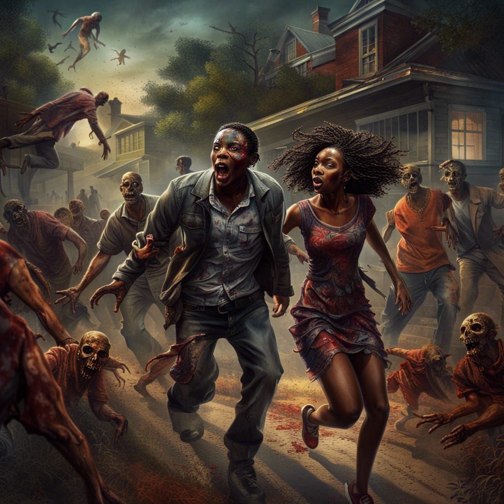 Black Couple Zombie Chase: Grisly Horror Graphic Design