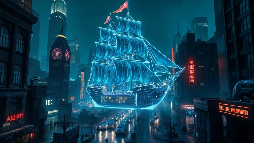 Cyberpunk Pirate Ship Projection in Futuristic City