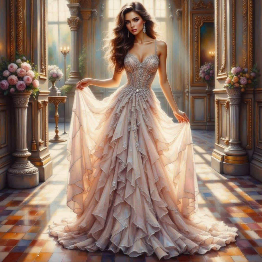 Glamorous Woman in Elegant Gown at Ballroom Entrance
